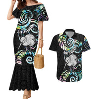 New Zealand Kiwi Bird Couples Matching Mermaid Dress and Hawaiian Shirt Silver Fern Koru Paua Shell DT04 Black - Polynesian Pride