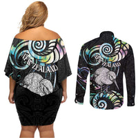 New Zealand Kiwi Bird Couples Matching Off Shoulder Short Dress and Long Sleeve Button Shirt Silver Fern Koru Paua Shell DT04 - Polynesian Pride