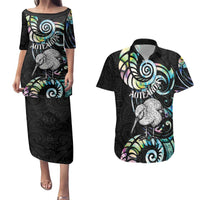 New Zealand Kiwi Bird Couples Matching Puletasi and Hawaiian Shirt Silver Fern Koru Paua Shell DT04 Black - Polynesian Pride