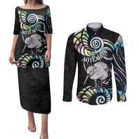 New Zealand Kiwi Bird Couples Matching Puletasi and Long Sleeve Button Shirt Silver Fern Koru Paua Shell DT04 Black - Polynesian Pride