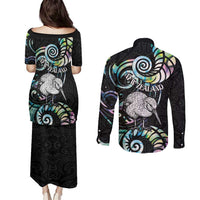 New Zealand Kiwi Bird Couples Matching Puletasi and Long Sleeve Button Shirt Silver Fern Koru Paua Shell DT04 - Polynesian Pride