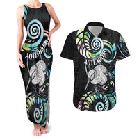 New Zealand Kiwi Bird Couples Matching Tank Maxi Dress and Hawaiian Shirt Silver Fern Koru Paua Shell DT04 Black - Polynesian Pride