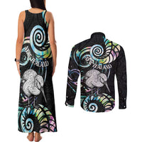 New Zealand Kiwi Bird Couples Matching Tank Maxi Dress and Long Sleeve Button Shirt Silver Fern Koru Paua Shell DT04 - Polynesian Pride