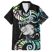 New Zealand Kiwi Bird Family Matching Off Shoulder Short Dress and Hawaiian Shirt Silver Fern Koru Paua Shell DT04 Dad's Shirt - Short Sleeve Black - Polynesian Pride