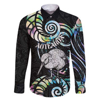 New Zealand Kiwi Bird Family Matching Short Sleeve Bodycon Dress and Hawaiian Shirt Silver Fern Koru Paua Shell DT04 Dad's Shirt - Long Sleeve Black - Polynesian Pride
