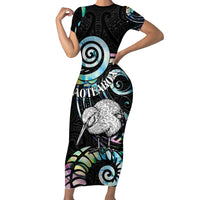 New Zealand Kiwi Bird Family Matching Short Sleeve Bodycon Dress and Hawaiian Shirt Silver Fern Koru Paua Shell DT04 Mom's Dress Black - Polynesian Pride