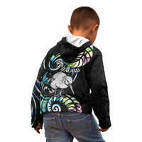 New Zealand Kiwi Bird Kid Hoodie Silver Fern Koru Paua Shell