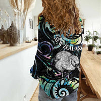New Zealand Kiwi Bird Women Casual Shirt Silver Fern Koru Paua Shell