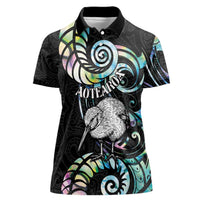 New Zealand Kiwi Bird Women Polo Shirt Silver Fern Koru Paua Shell DT04 Female Black - Polynesian Pride