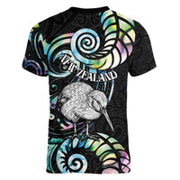 New Zealand Kiwi Bird Women V-Neck T-Shirt Silver Fern Koru Paua Shell DT04 - Polynesian Pride