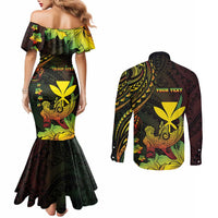 Personalised Hawaii Couples Matching Mermaid Dress and Long Sleeve Button Shirt Kanaka Maoli With Hammerhead Shark DT04 - Polynesian Pride