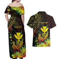 Personalised Hawaii Couples Matching Off Shoulder Maxi Dress and Hawaiian Shirt Kanaka Maoli With Hammerhead Shark DT04 - Polynesian Pride