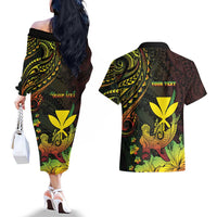 Personalised Hawaii Couples Matching Off The Shoulder Long Sleeve Dress and Hawaiian Shirt Kanaka Maoli With Hammerhead Shark DT04 - Polynesian Pride