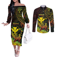 Personalised Hawaii Couples Matching Off The Shoulder Long Sleeve Dress and Long Sleeve Button Shirt Kanaka Maoli With Hammerhead Shark DT04 Black - Polynesian Pride