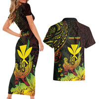 Personalised Hawaii Couples Matching Short Sleeve Bodycon Dress and Hawaiian Shirt Kanaka Maoli With Hammerhead Shark DT04 - Polynesian Pride