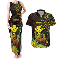 Personalised Hawaii Couples Matching Tank Maxi Dress and Hawaiian Shirt Kanaka Maoli With Hammerhead Shark DT04 Black - Polynesian Pride