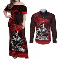 Hawaii Ikaika Warrior Couples Matching Off Shoulder Maxi Dress and Long Sleeve Button Shirt Hawaiian Tribal Tattoo DT04 Red - Polynesian Pride