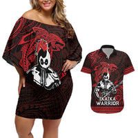 Hawaii Ikaika Warrior Couples Matching Off Shoulder Short Dress and Hawaiian Shirt Hawaiian Tribal Tattoo DT04 Red - Polynesian Pride