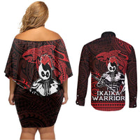 Hawaii Ikaika Warrior Couples Matching Off Shoulder Short Dress and Long Sleeve Button Shirt Hawaiian Tribal Tattoo DT04 - Polynesian Pride