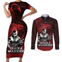 Hawaii Ikaika Warrior Couples Matching Short Sleeve Bodycon Dress and Long Sleeve Button Shirt Hawaiian Tribal Tattoo DT04 Red - Polynesian Pride