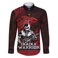 Hawaii Ikaika Warrior Family Matching Off Shoulder Maxi Dress and Hawaiian Shirt Hawaiian Tribal Tattoo DT04 Dad's Shirt - Long Sleeve Red - Polynesian Pride