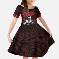Hawaii Ikaika Warrior Family Matching Puletasi and Hawaiian Shirt Hawaiian Tribal Tattoo DT04 Daughter's Dress Red - Polynesian Pride