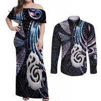 New Zealand Aotearoa Couples Matching Off Shoulder Maxi Dress and Long Sleeve Button Shirt Maori Hei Manaia Purple Paua Shell DT04 Purple - Polynesian Pride