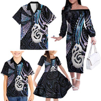 New Zealand Aotearoa Family Matching Off The Shoulder Long Sleeve Dress and Hawaiian Shirt Maori Hei Manaia Purple Paua Shell DT04 - Polynesian Pride