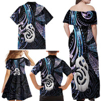 New Zealand Aotearoa Family Matching Off Shoulder Maxi Dress and Hawaiian Shirt Maori Hei Manaia Purple Paua Shell DT04 - Polynesian Pride