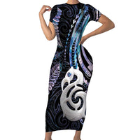 New Zealand Aotearoa Short Sleeve Bodycon Dress Maori Hei Manaia Purple Paua Shell DT04 Long Dress Purple - Polynesian Pride