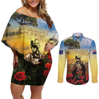 New Zealand ANZAC Day Couples Matching Off Shoulder Short Dress and Long Sleeve Button Shirt The Ode Remembrance And Poppy DT04 Yellow - Polynesian Pride