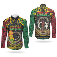 Vanuatu Language Week Couples Matching Off Shoulder Short Dress and Long Sleeve Button Shirt Boar Tusk Warrior Tribal Floral Pattern