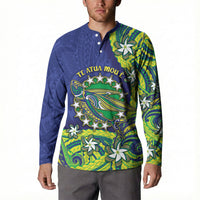 Cook Islands Language Week Button Sweatshirt Flying Fish 15 Stars Tribal Patterns