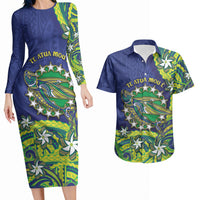 Cook Islands Language Week Couples Matching Long Sleeve Bodycon Dress and Hawaiian Shirt Flying Fish 15 Stars Tribal Patterns