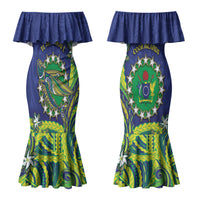 Cook Islands Language Week Couples Matching Mermaid Dress and Long Sleeve Button Shirt Flying Fish 15 Stars Tribal Patterns