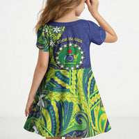 Cook Islands Language Week Kid Short Sleeve Dress Flying Fish 15 Stars Tribal Patterns