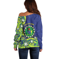 Cook Islands Language Week Off Shoulder Sweater Flying Fish 15 Stars Tribal Patterns