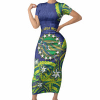 Cook Islands Language Week Short Sleeve Bodycon Dress Flying Fish 15 Stars Tribal Patterns