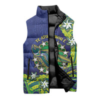 Cook Islands Language Week Sleeveless Puffer Jacket Flying Fish 15 Stars Tribal Patterns