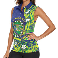 Cook Islands Language Week Women Sleeveless Polo Shirt Flying Fish 15 Stars Tribal Patterns