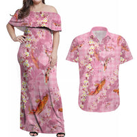 Pink Palaka Hawaiian And Japanese Couples Matching Off Shoulder Maxi Dress and Hawaiian Shirt Sakura Lei With Koi Fish DT05 Pink - Polynesian Pride