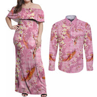 Pink Palaka Hawaiian And Japanese Couples Matching Off Shoulder Maxi Dress and Long Sleeve Button Shirt Sakura Lei With Koi Fish DT05 Pink - Polynesian Pride
