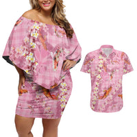 Pink Palaka Hawaiian And Japanese Couples Matching Off Shoulder Short Dress and Hawaiian Shirt Sakura Lei With Koi Fish DT05 Pink - Polynesian Pride
