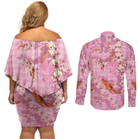 Pink Palaka Hawaiian And Japanese Couples Matching Off Shoulder Short Dress and Long Sleeve Button Shirt Sakura Lei With Koi Fish DT05 - Polynesian Pride