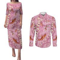 Pink Palaka Hawaiian And Japanese Couples Matching Puletasi and Long Sleeve Button Shirt Sakura Lei With Koi Fish DT05 Pink - Polynesian Pride