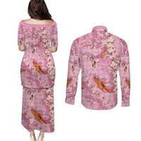Pink Palaka Hawaiian And Japanese Couples Matching Puletasi and Long Sleeve Button Shirt Sakura Lei With Koi Fish DT05 - Polynesian Pride