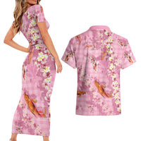 Pink Palaka Hawaiian And Japanese Couples Matching Short Sleeve Bodycon Dress and Hawaiian Shirt Sakura Lei With Koi Fish DT05 - Polynesian Pride