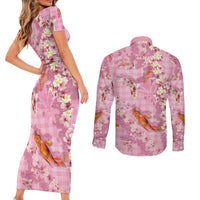 Pink Palaka Hawaiian And Japanese Couples Matching Short Sleeve Bodycon Dress and Long Sleeve Button Shirt Sakura Lei With Koi Fish DT05 - Polynesian Pride