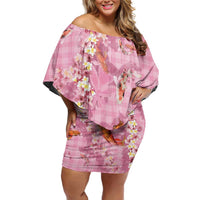 Pink Palaka Hawaiian And Japanese Family Matching Off Shoulder Short Dress and Hawaiian Shirt Sakura Lei With Koi Fish DT05 Mom's Dress Pink - Polynesian Pride