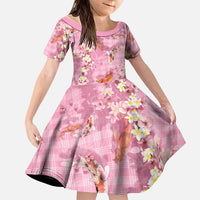 Pink Palaka Hawaiian And Japanese Family Matching Puletasi and Hawaiian Shirt Sakura Lei With Koi Fish DT05 Daughter's Dress Pink - Polynesian Pride